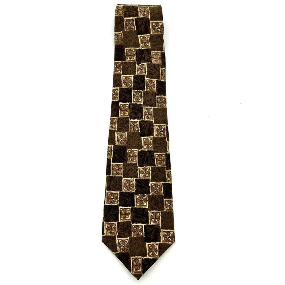 Pierre Cardin All Silk Tie Brown Blue Floral Check Pattern Made in USA
